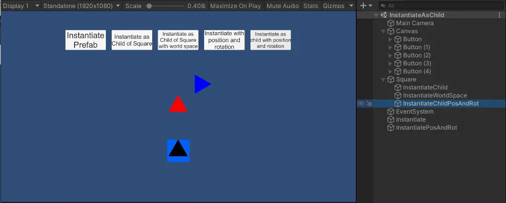 Instantiating a prefab of the blue triangle as a child of gameobject with position and rotation