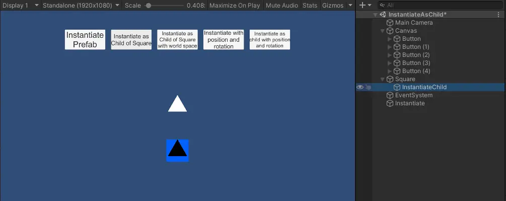 Instantiating a prefab of the black triangle as a child of the square gameobject.